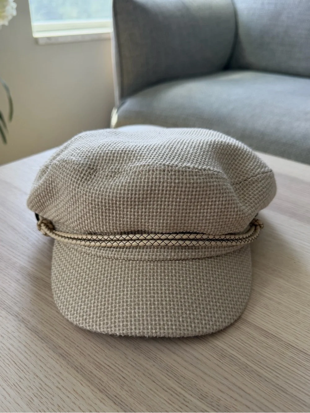 Beige Textured Cap with Braided Trim